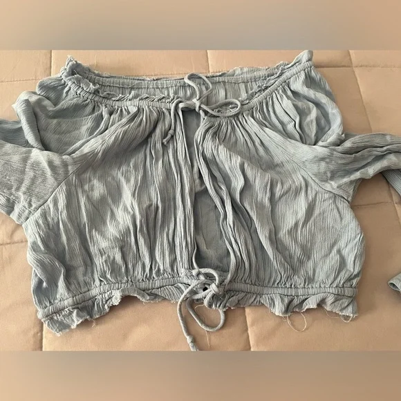 Blue Life Light Blue Ruched Tie Front Crop Blouse - Picture 5 of 6